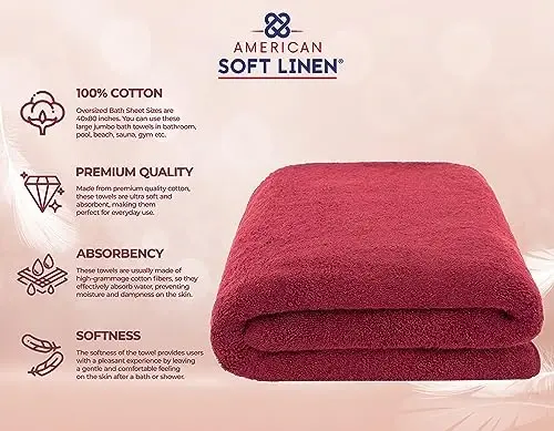 American Soft Linen Oversized Bath Sheet 40x80 Extra Large for Bathroom, 600 GSM 100% Cotton Turkish Jumbo Bathsheet Towels for Adults Bordeaux Red Bath Sheet - 4