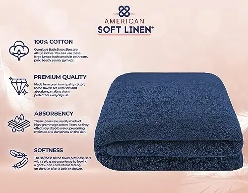 American Soft Linen Oversized Bath Sheet 40x80 Extra Large for Bathroom, 600 GSM 100% Cotton Turkish Jumbo Bathsheet Towels for Adults, Navy Blue Bath Sheet - 4