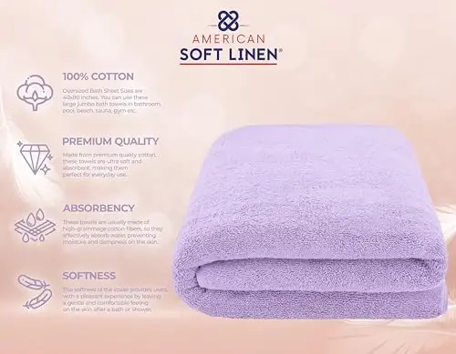 American Soft Linen 100% Cotton 600 GSM Turkish 40x80 Oversized Bath Towel Sheet, Extra Large Adult Towels for Bathroom, Lilac Bath Sheet - 4
