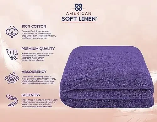 American Soft Linen Oversized Bath Sheet 40x80 Extra Large for Bathroom, 600 GSM 100% Cotton Turkish Jumbo Bathsheet Towels for Adults, Purple Bath Sheet - 4