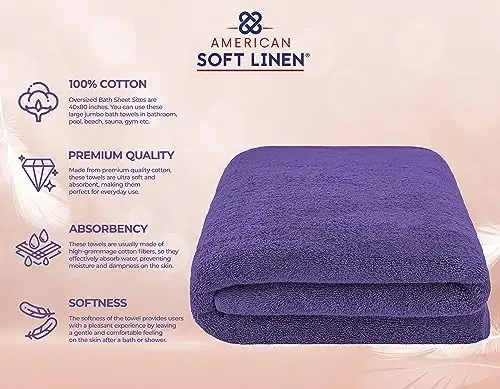 American Soft Linen 100% Cotton 600 GSM Turkish 40x80 Oversized Bath Towel Sheet, Extra Large Adult Towels for Bathroom, Purple Bath Sheet - 4