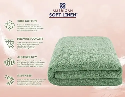American Soft Linen 100% Cotton 600 GSM Turkish 40x80 Oversized Bath Towel Sheet, Extra Large Adult Towels for Bathroom, Sage Green - 4