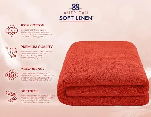 American Soft Linen Oversized Bath Sheet 40x80 Extra Large for Bathroom, 600 GSM 100% Cotton Turkish Jumbo Bathsheet Towels for Adults, Red Bath Sheet - 4