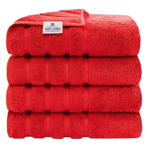 American Soft Linen Luxury 4 Piece Bath Towel Set, 600 GSM 100% Cotton Turkish Bath Towels for Bathroom, 27x54 in Large Bathroom Shower Towels, Red 