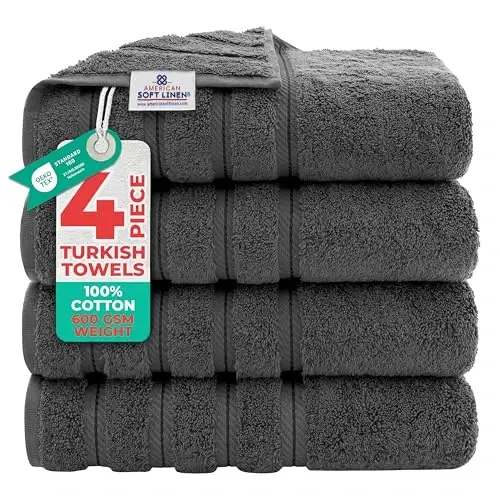 American Soft Linen Luxury 4 Piece Bath Towel Set, 600 GSM 100% Cotton Turkish Bath Towels for Bathroom, 27x54 in Large Bathroom Shower Towels, Dark Gray 