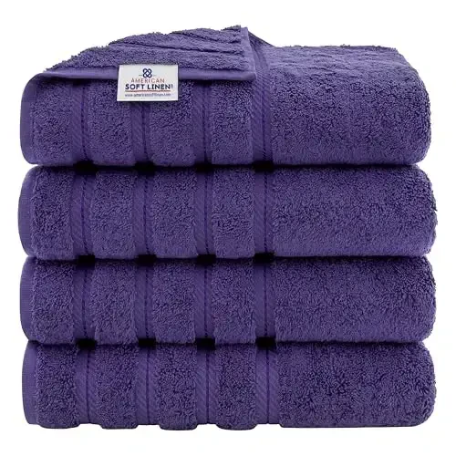 American Soft Linen Luxury 4 Piece Bath Towel Set, 600 GSM 100% Cotton Turkish Bath Towels for Bathroom, 27x54 in Extra Large Bathroom Shower Towels, Purple - 1