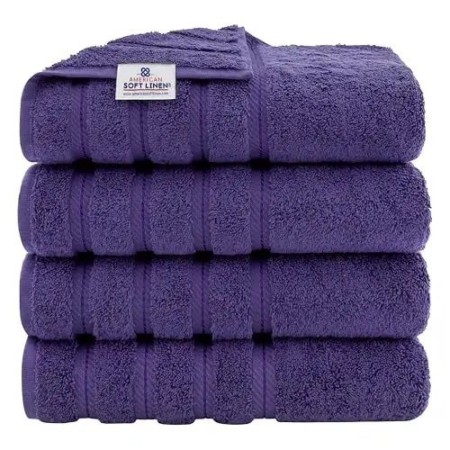 American Soft Linen Luxury 4 Piece Bath Towel Set, 600 GSM 100% Cotton Turkish Bath Towels for Bathroom, 27x54 in Extra Large Bathroom Shower Towels, Purple 