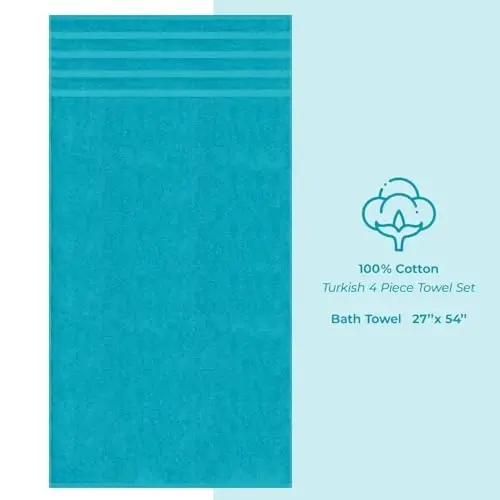 American Soft Linen Luxury 4 Piece Bath Towel Set, 600 GSM 100% Cotton Turkish Bath Towels for Bathroom, 27x54 in Extra Large Bathroom Shower Towels, Aqua Blue - 4