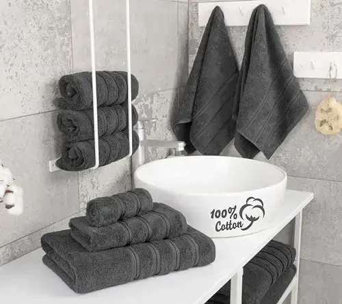 American Soft Linen Luxury 6 Piece Towel Set, 2 Bath Towels 2 Hand Towel 2 Washcloths, 600 GSM 100% Cotton Turkish Towels for Bathroom, Dark Gray Towel Sets - 3