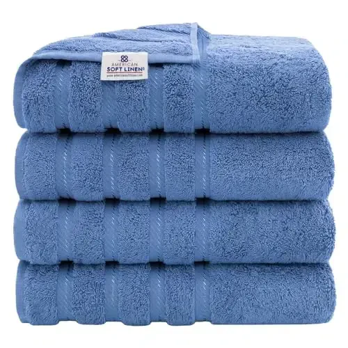 American Soft Linen Luxury 4 Piece Bath Towel Set, 600 GSM 100% Cotton Turkish Bath Towels for Bathroom, 27x54 in Extra Large Bathroom Shower Towels, Electric Blue 