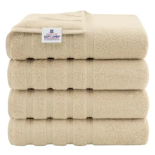 American Soft Linen Luxury 4 Piece Bath Towel Set, 600 GSM 100% Cotton Turkish Bath Towels for Bathroom, 27x54 in Extra Large Bathroom Shower Towels, Beige - 1