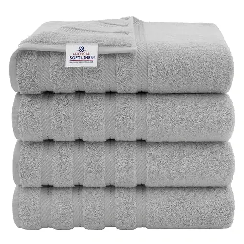 American Soft Linen Luxury 4 Piece Bath Towel Set, 600 GSM 100% Cotton Turkish Bath Towels for Bathroom, 27x54 in Large Bathroom Shower Towels, Light Grey - 1