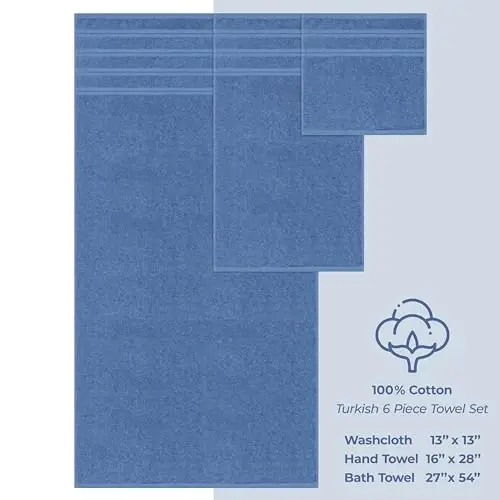 American Soft Linen Luxury 6 Piece Towel Set, 2 Bath Towels 2 Hand Towel 2 Washcloths, 600 GSM 100% Cotton Turkish Towels for Bathroom, Electric Blue Towel Sets - 4