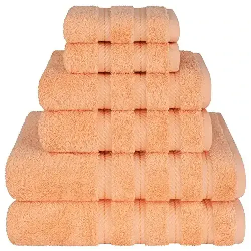 American Soft Linen Luxury 6 Piece Towel Set, 2 Bath Towels 2 Hand Towel 2 Washcloths, 600 GSM 100% Cotton Turkish Towels for Bathroom, Malibu Peach Towel Sets 