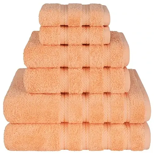 American Soft Linen Luxury 6 Piece Towel Set, 2 Bath Towels 2 Hand Towel 2 Washcloths, 600 GSM 100% Cotton Turkish Towels for Bathroom, Malibu Peach Towel Sets - 2