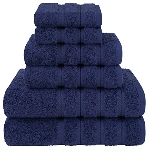 American Soft Linen Luxury 6 Piece Towel Set, 2 Bath Towels 2 Hand Towel 2 Washcloths, 600 GSM 100% Cotton Turkish Towels for Bathroom, Navy Blue Towel Sets - 2