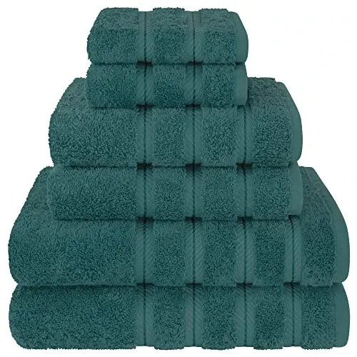 American Soft Linen Luxury 6 Piece Towel Set, 2 Bath Towels 2 Hand Towel 2 Washcloths, 600 GSM 100% Cotton Turkish Towels for Bathroom, Teal Towel Sets - 2