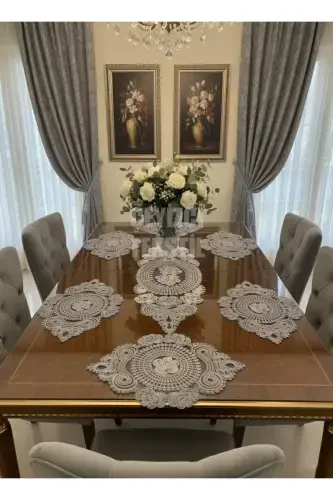 Американский Сервис, 1 Runner 6 Supla Yemek Servis Takımı, Masa Örtüsü Seti, Servis Sunum Seti - Gri-Gri - 1