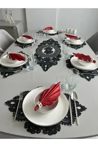 Американский сервиз, 1 раннер, 6 супл, набор для сервировки стола, набор скатертей, набор для сервировки - черный - ÇT ÇEYIZCI TEKSTIL (1)