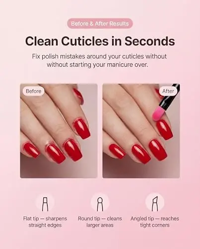 AMilHiTon 3PCS Nail Clean-Up Brushes, Round/Angled/Flat, Acetone-Resistant Cuticle Polish Remover for Nail Art & Manicures（Rose Red） - 3
