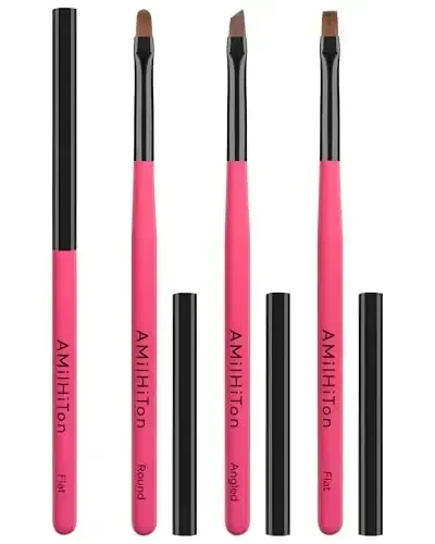 AMilHiTon 3PCS Nail Clean-Up Brushes, Round/Angled/Flat, Acetone-Resistant Cuticle Polish Remover for Nail Art & Manicures（Rose Red） - 1