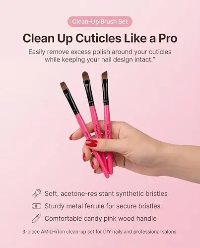 AMilHiTon 3PCS Nail Clean-Up Brushes, Round/Angled/Flat, Acetone-Resistant Cuticle Polish Remover for Nail Art & Manicures（Rose Red） - AMILHITON (1)