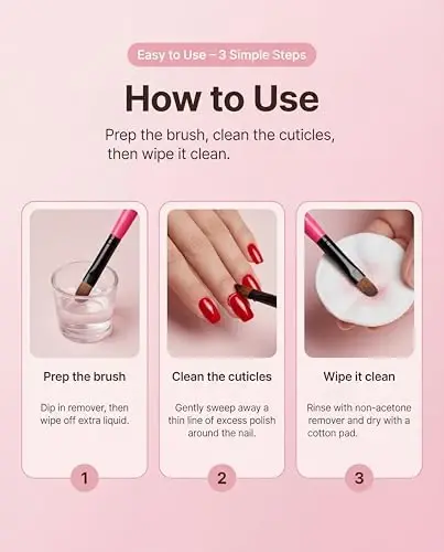 AMilHiTon 3PCS Nail Clean-Up Brushes, Round/Angled/Flat, Acetone-Resistant Cuticle Polish Remover for Nail Art & Manicures（Rose Red） - 4