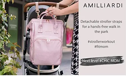 AMILLIARDI Diaper Bag Backpack – Light Pink, Water- Resistant Polyester Baby Bag – Detachable Stroller Straps – Stylish & Spacious for Baby Girl – Travel Diaper Bag, Bulto & Pañaleras para Bebe Niña - 3