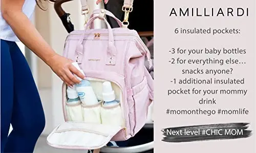 AMILLIARDI Diaper Bag Backpack - 6 INSULATED Bottle Holders - Detachable Stroller Straps (Black) - MODAZONE (1)