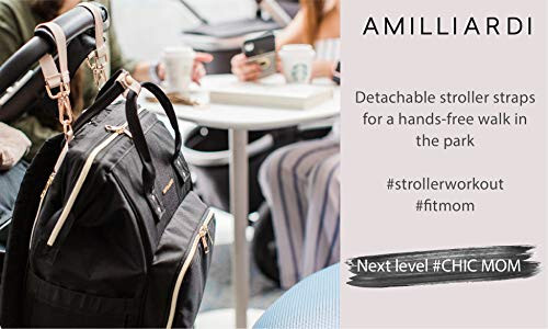 AMILLIARDI Diaper Bag Backpack - 6 INSULATED Bottle Holders - Detachable Stroller Straps (Black) - 3