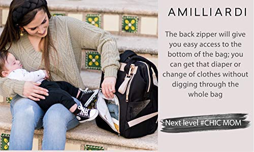 AMILLIARDI Diaper Bag Backpack - 6 INSULATED Bottle Holders - Detachable Stroller Straps (Black) - 5