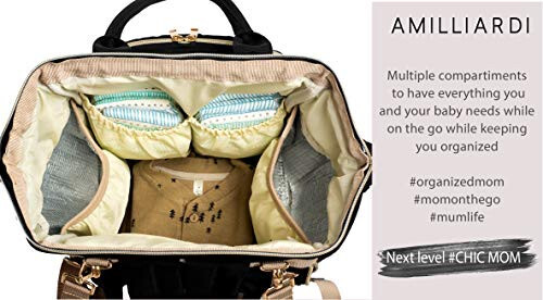 AMILLIARDI Diaper Bag Backpack - 6 INSULATED Bottle Holders - Detachable Stroller Straps (Black) - 6