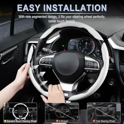 Amiss 3pcs Carbon Fiber Anti-Skid Steering Wheel Cover, Waterproof & Segmented Butterfly Design, Universal 99% Vehicle Wheel Cover Protector, Car Interior Accessories, White - 5