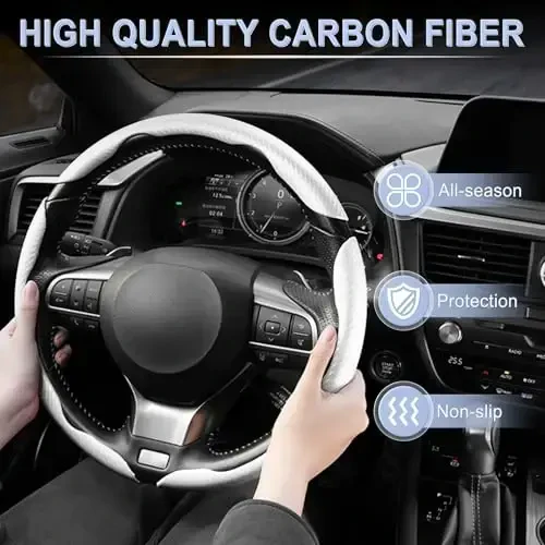 Amiss 3pcs Carbon Fiber Anti-Skid Steering Wheel Cover, Waterproof & Segmented Butterfly Design, Universal 99% Vehicle Wheel Cover Protector, Car Interior Accessories, White - 6