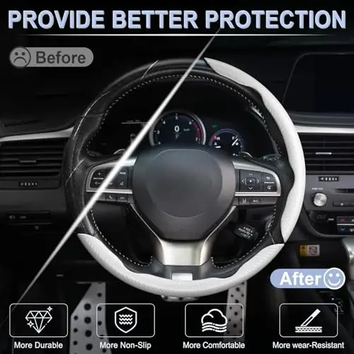 Amiss 3pcs Carbon Fiber Anti-Skid Steering Wheel Cover, Waterproof & Segmented Butterfly Design, Universal 99% Vehicle Wheel Cover Protector, Car Interior Accessories, White - 4