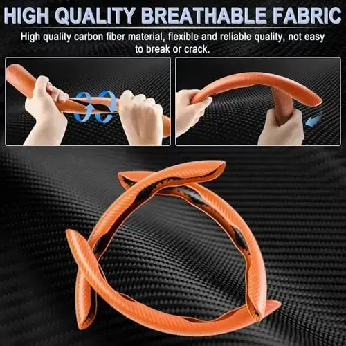 Amiss 3pcs Carbon Fiber Anti-Skid Steering Wheel Cover, Waterproof & Segmented Butterfly Design, Universal 99% Vehicle Wheel Cover Protector, Car Interior Accessories, Orange - AMISS (1)