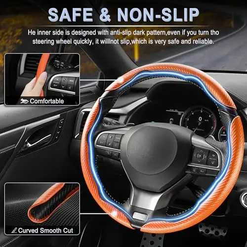 Amiss 3pcs Carbon Fiber Anti-Skid Steering Wheel Cover, Waterproof & Segmented Butterfly Design, Universal 99% Vehicle Wheel Cover Protector, Car Interior Accessories, Orange - 3