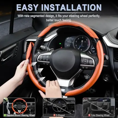 Amiss 3pcs Carbon Fiber Anti-Skid Steering Wheel Cover, Waterproof & Segmented Butterfly Design, Universal 99% Vehicle Wheel Cover Protector, Car Interior Accessories, Orange - 5