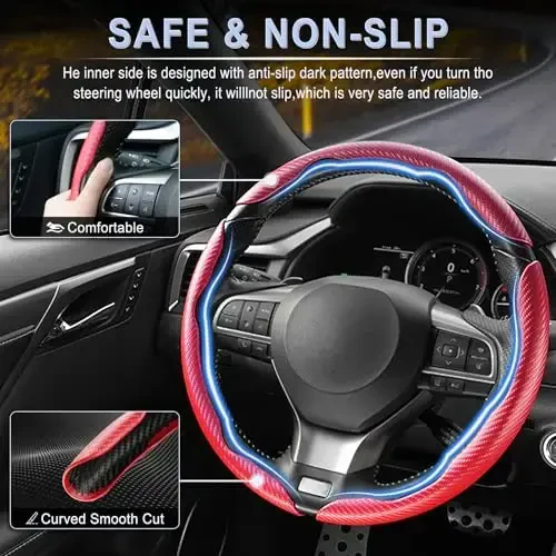 Amiss 3pcs Carbon Fiber Anti-Skid Steering Wheel Cover, Waterproof & Segmented Butterfly Design, Universal 99% Vehicle Wheel Cover Protector, Car Interior Accessories, Red - 3