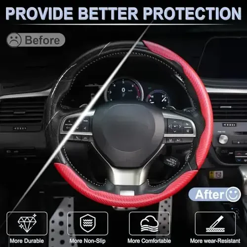 Amiss 3pcs Carbon Fiber Anti-Skid Steering Wheel Cover, Waterproof & Segmented Butterfly Design, Universal 99% Vehicle Wheel Cover Protector, Car Interior Accessories, Red - 4