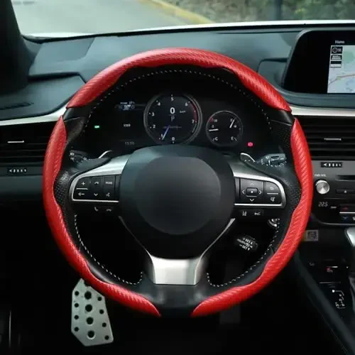 Amiss 3pcs Carbon Fiber Anti-Skid Steering Wheel Cover, Waterproof & Segmented Butterfly Design, Universal 99% Vehicle Wheel Cover Protector, Car Interior Accessories, Red - 6