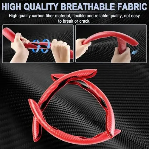 Amiss 3pcs Carbon Fiber Anti-Skid Steering Wheel Cover, Waterproof & Segmented Butterfly Design, Universal 99% Vehicle Wheel Cover Protector, Car Interior Accessories, Red - 2