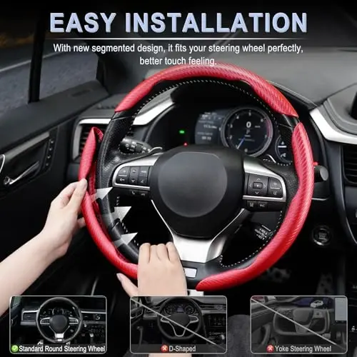 Amiss 3pcs Carbon Fiber Anti-Skid Steering Wheel Cover, Waterproof & Segmented Butterfly Design, Universal 99% Vehicle Wheel Cover Protector, Car Interior Accessories, Red - 5