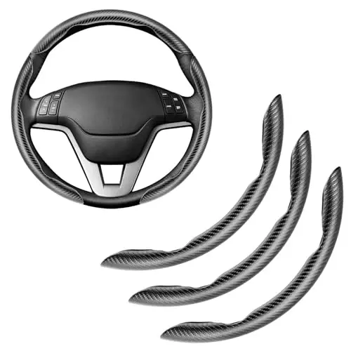 Amiss 3pcs Carbon Fiber Anti-Skid Steering Wheel Cover, Waterproof & Segmented Butterfly Design, Universal 99% Vehicle Wheel Cover Protector, Car Interior Accessories, Black - 1