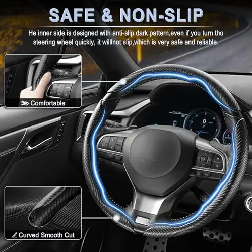 Amiss 3pcs Carbon Fiber Anti-Skid Steering Wheel Cover, Waterproof & Segmented Butterfly Design, Universal 99% Vehicle Wheel Cover Protector, Car Interior Accessories, Black - 3