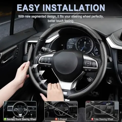 Amiss 3pcs Carbon Fiber Anti-Skid Steering Wheel Cover, Waterproof & Segmented Butterfly Design, Universal 99% Vehicle Wheel Cover Protector, Car Interior Accessories, Black - 4