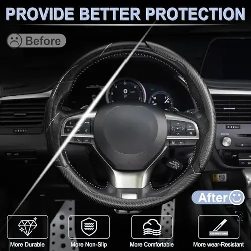 Amiss 3pcs Carbon Fiber Anti-Skid Steering Wheel Cover, Waterproof & Segmented Butterfly Design, Universal 99% Vehicle Wheel Cover Protector, Car Interior Accessories, Black - 5