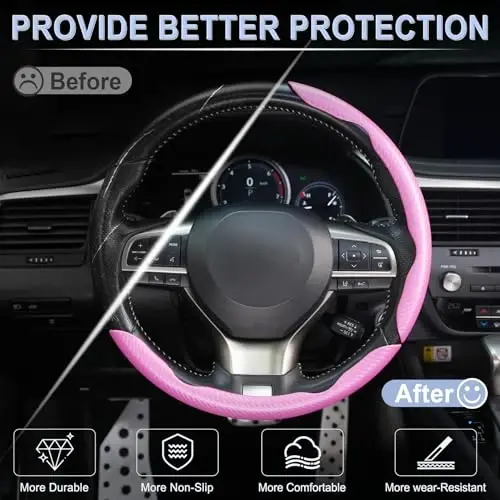 Amiss 3pcs Carbon Fiber Anti-Skid Steering Wheel Cover, Segmented & Butterfly Design, Universal 99% Car Wheel Cover Protector, Pink - 4