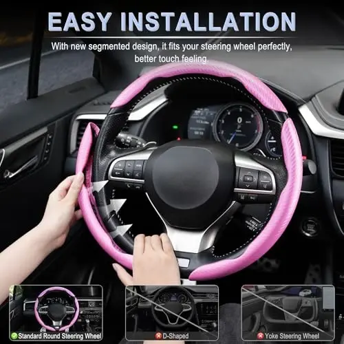 Amiss 3pcs Carbon Fiber Anti-Skid Steering Wheel Cover, Segmented & Butterfly Design, Universal 99% Car Wheel Cover Protector, Pink - 5