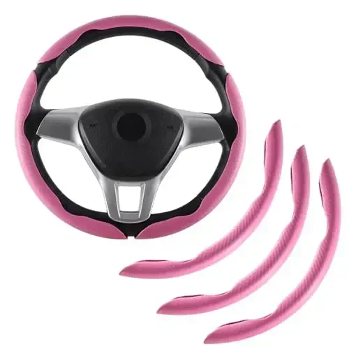 Amiss 3pcs Carbon Fiber Anti-Skid Steering Wheel Cover, Waterproof & Segmented Butterfly Design, Universal 99% Vehicle Wheel Cover Protector, Car Interior Accessories, Pink - 1